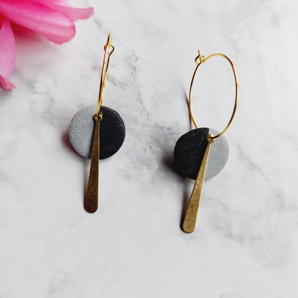 OpalGlaze Clay Earrings Grey Black Hoops Hand crafted Earrings.